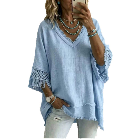 Loose V-neck fringed versatile top m303223