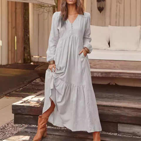 Knopf Baumwolle und Leinen Retro lässig Langarmkleid große Schaukel langes Kleid mehrfarbig m301374 
