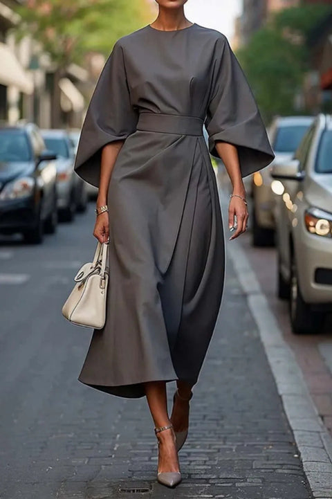 Mode Temperament elegante einfarbige Taille Kleid lässig Fledermaus Ärmel langes Kleid m301326 