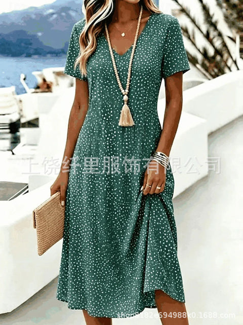 Printed women's v-neck short-sleeved temperament fashion dress m303046
