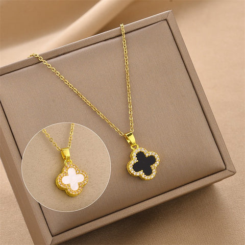 Gold-Volldiamant-Kleeblatt-Halskette für Frauen mit doppelseitigem Schwarz-Weiß-Design, minimalistische Ohrringe, Ringschmuck M5010663