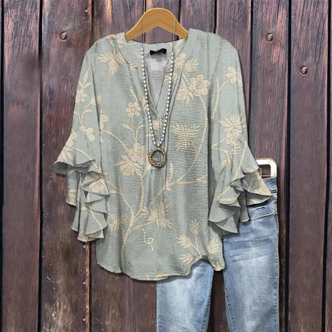 Creative floral element printing digital printing casual trend V-neck lotus edge horn T-shirt m302747