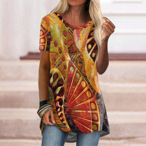 Casual ethnic style retro printed short-sleeved T-shirt m302728
