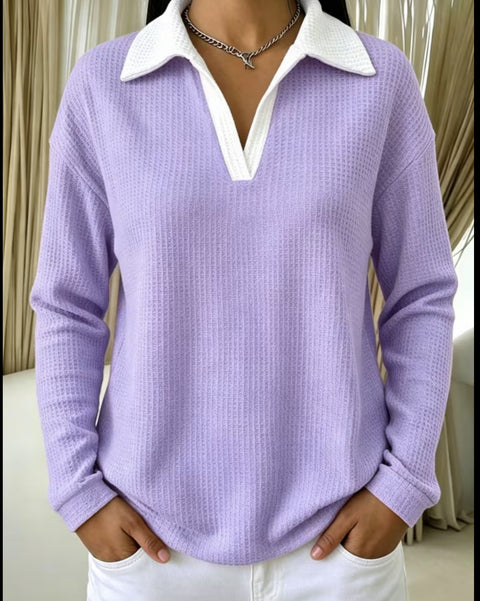 Waffle Contrast Long Sleeve Polo Top Women's m303233