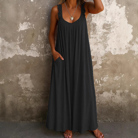Lässiges, plissiertes, mehrfarbiges Damenkleid mit Hosenträgern und U-Ausschnitt, m301443 