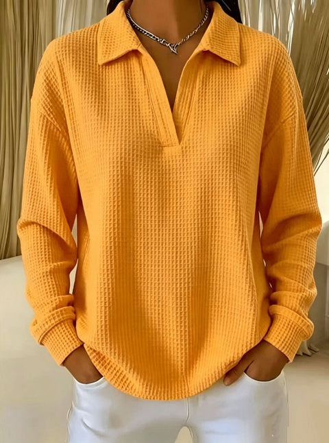 Waffle Lapel Long Sleeve Polo Top m303214