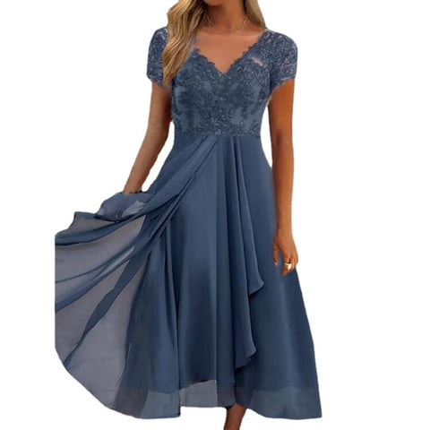Chiffon splicing v-neck lace hollow dress m301252
