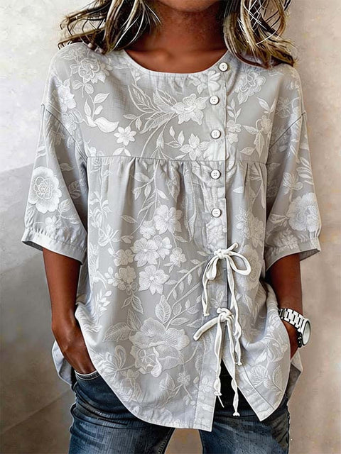 Ladies casual digital print lace-up shirt m302711