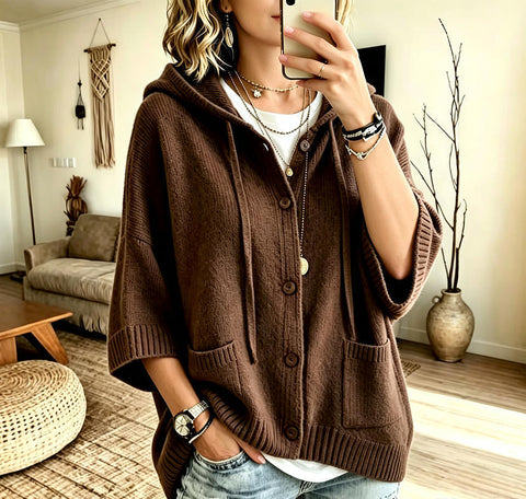 Multi-color hooded knitted cardigan loose seven-quarter sleeve sweater FF303358