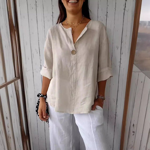 Lockeres T-Shirt Damen V-Ausschnitt Baumwolle und Leinen Button-Up Top m300385 
