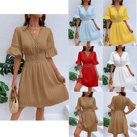 Spleißen spitze mode V-ausschnitt taille einfarbig kleid m300990 