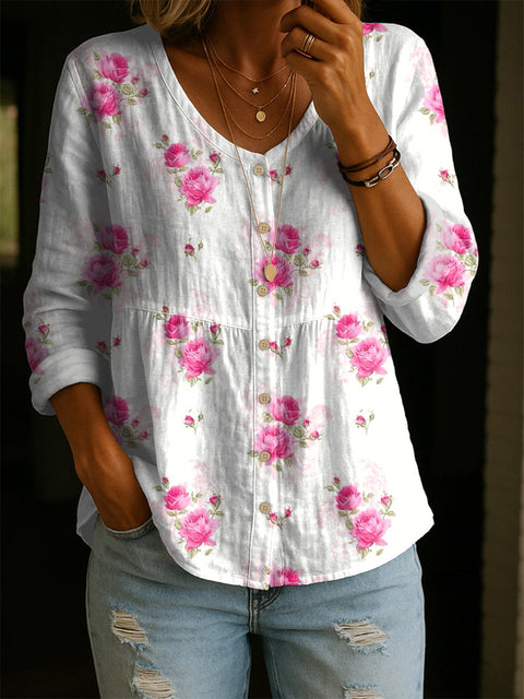 Crew Neck Women's Floral 3D Printed Henley Shirt FF303180