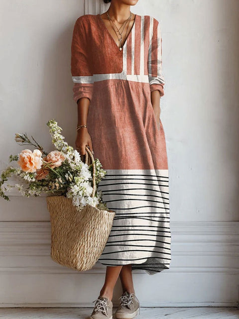 Women's loose V-neck fashion high-end long-sleeved printed collar dress m302766