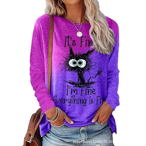 Pet cat gradual change color 3D printing long sleeve T-shirt round neck T-shirt m302928