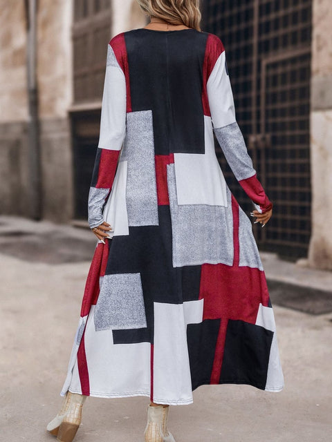 Spring and Autumn long dress big swing pocket loose round neck geometric print casual long sleeve dress m300703