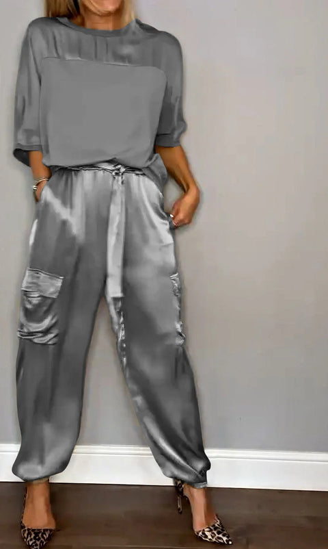 Women's smooth satin half-sleeved top and pants set two-piece set m301649