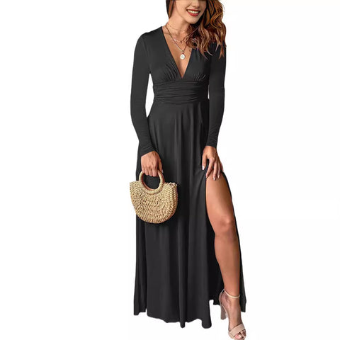 Plissiertes Abendkleid mit hoher Taille und Schlitz, einfarbiges Kleid m300723 