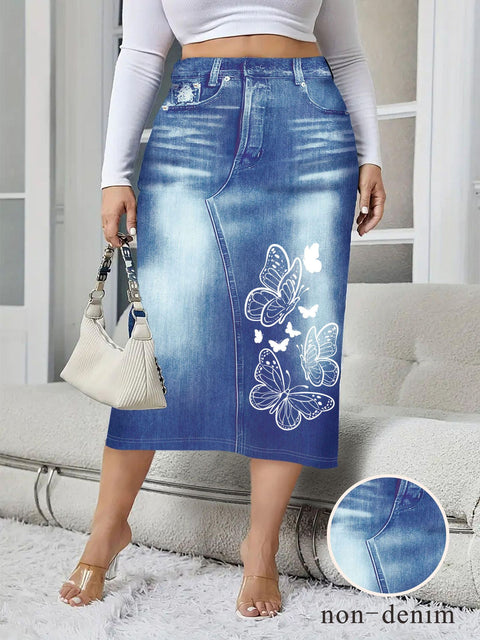 Large size fashion women's clothing imitation denim print flower print hip skirt m302405
