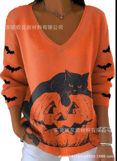 Halloween printed women's V-neck imitation sweater m302107