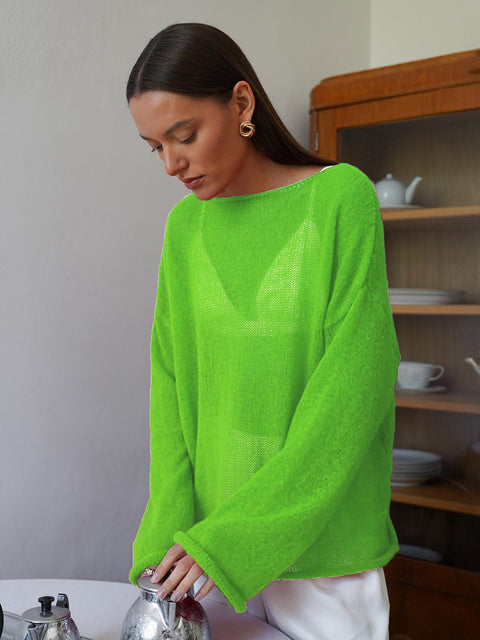 Women's perspective thin large round neck horn sleeve knitted T-shirt m301766