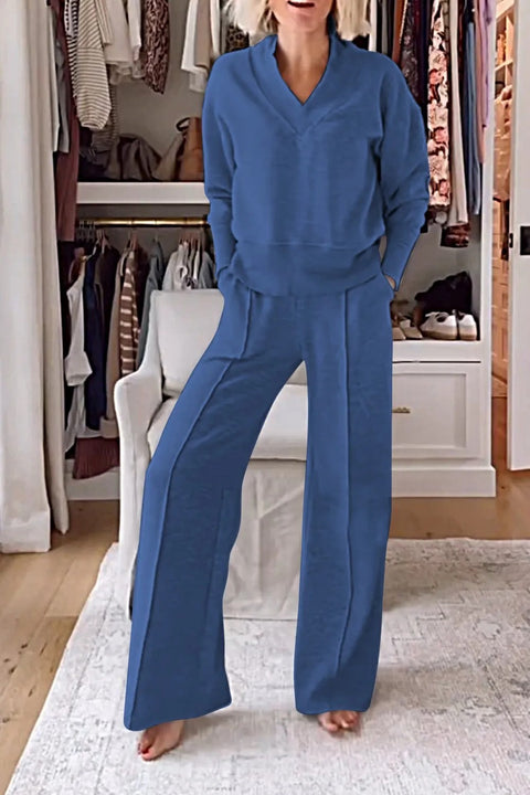 Ensemble deux pièces haut ample à manches longues et col en V et pantalon large m301327 
