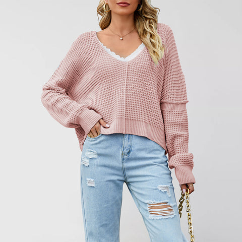 V-neck solid color off-the-shoulder loose hot-selling knitted sweater FF303369