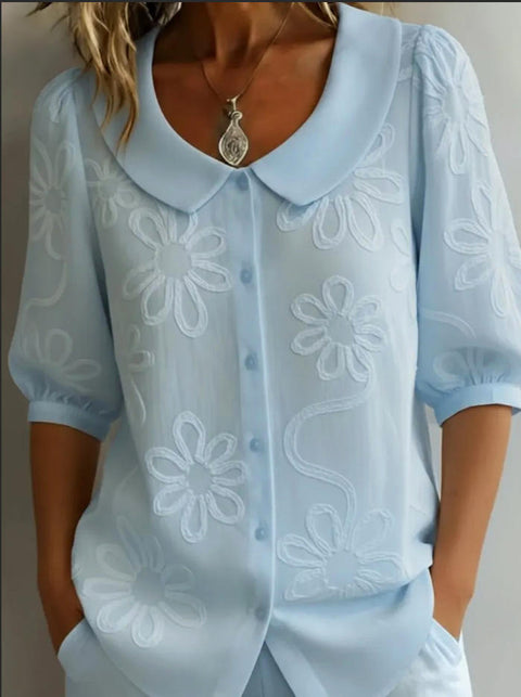 Loose Casual Vintage Button Embroidered Floral Medium Sleeve Shirt m302432