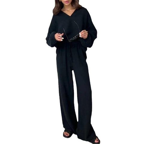 Elegante frauen casual lose anzug frauen lange-ärmeln top + kordelzug hosen anzug herbst revers zwei-stück set m301184 