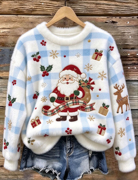 Christmas cartoon old man reindeer print flannel women sweater FF303511