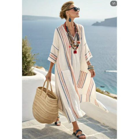 Holiday long striped embroidered dress m302762