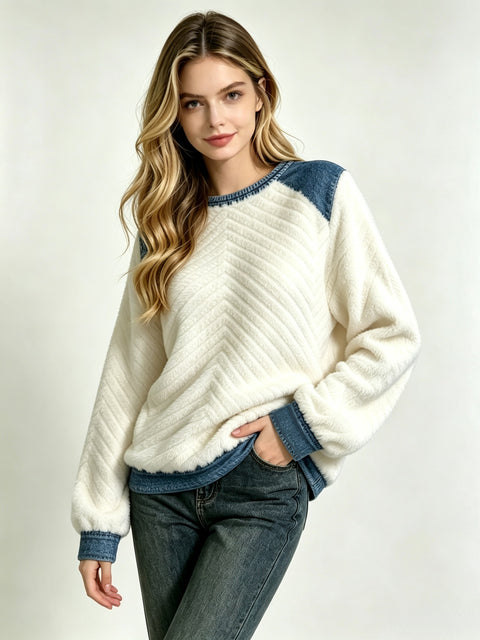 Herringbone embossed plush sweater spliced fake two-piece loose pullover top FF303354