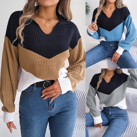 Lässiger Strickpullover mit Revers und Kontrastfarbe, langärmelig, m300571 