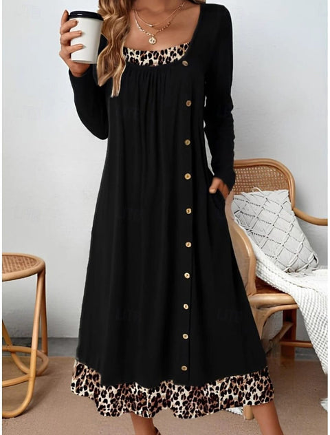 Casual round neck long-sleeved pullover color matching pleated printed jackal pattern button-up m302232