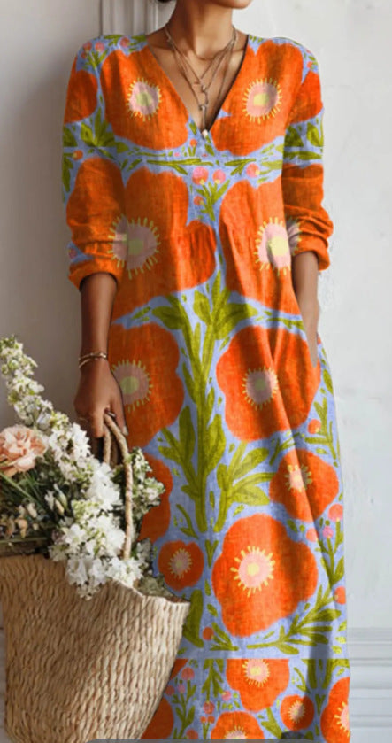 Women's loose V-neck fashion high-end long-sleeved printed collar dress m302766