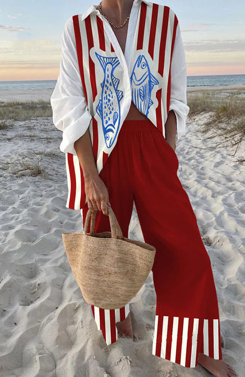Linglong hemp fish shading casual suit loose sports wide-leg pants marine element casual shirt m303169