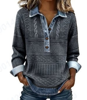 Denim collar long-sleeved pullover stitching knitted sweater top FF303306
