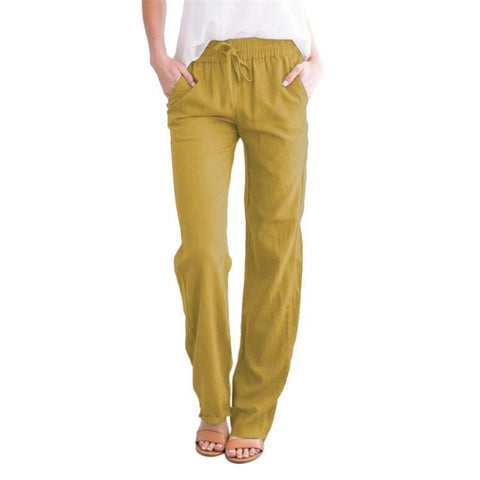 Solid color cotton and linen loose drawstring casual wide-leg trousers women's m301572