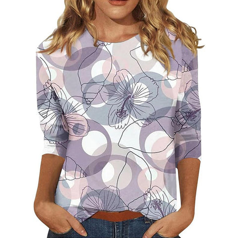 Pull ras du cou à manches sept-quarts et imprimé 3D de fleurs et de plantes m300615 