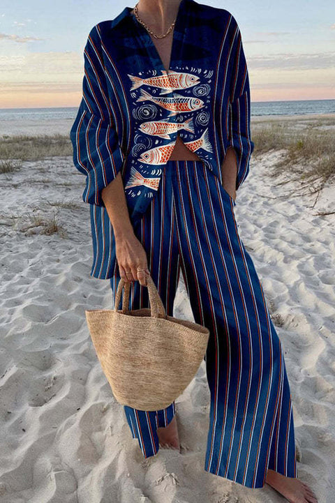 Linglong hemp fish shading casual suit loose sports wide-leg pants marine element casual shirt m303169
