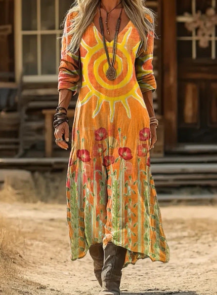 Creative tie-dye 3D printing women's new V-neck long-sleeved dress medium and long dress m302799