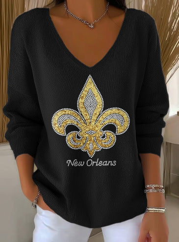 Shoulder V-neck long-sleeved autumn leaf 3D digital printing women's top FF303401