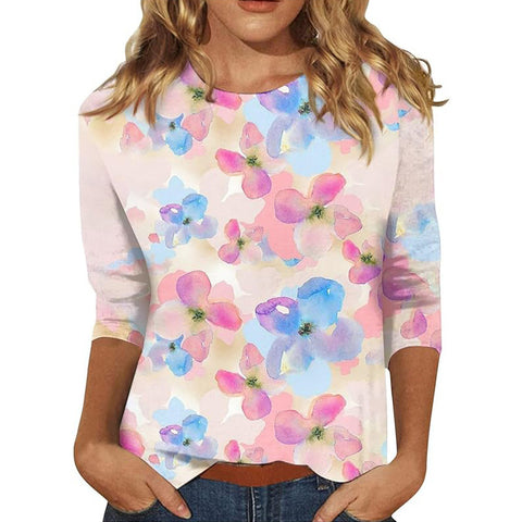 Pull ras du cou à manches sept-quarts et imprimé 3D de fleurs et de plantes m300615 