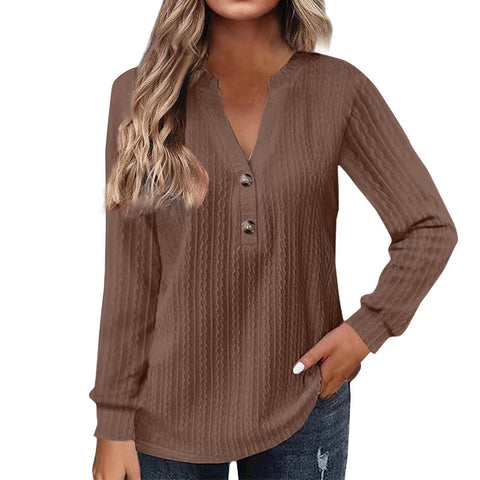 New long-sleeved solid color V-neck button-down T-shirt top m302223