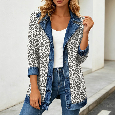 Leopard print denim jacket women's long-sleeved casual cardigan autumn loose jacket FF303339