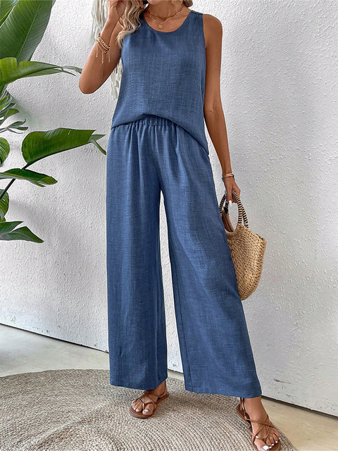 Frühling und Sommer einfarbig hohle Spitze zweiteilige Mode lässig Weste breite Beinhosen Hose m301367 