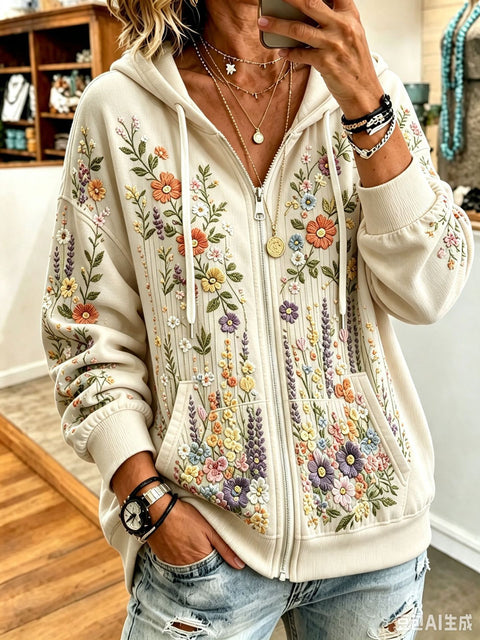 Sequin floral elements 3D digital printing loose casual hooded sweater m303215