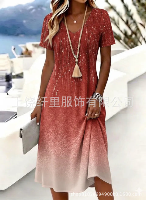 Printed women's v-neck short-sleeved temperament fashion dress m303046