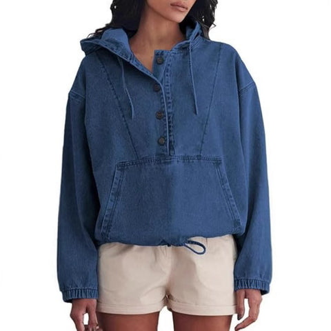 Fashion denim hoodie button-down pullover jacket denim sweatshirt FF303261