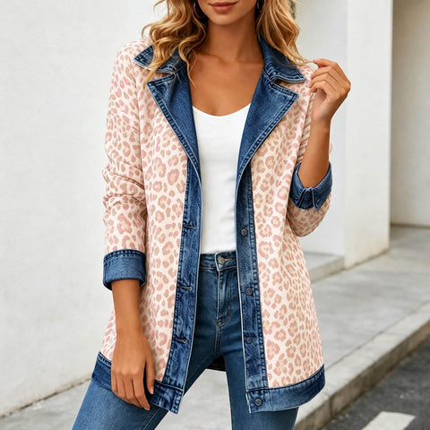 Leopard print denim jacket women's long-sleeved casual cardigan autumn loose jacket FF303339