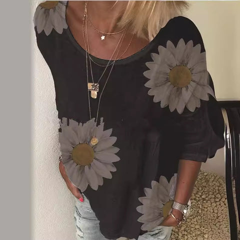 T-shirt col rond manches sept-quarts imprimé chrysanthème pour femme m300893 